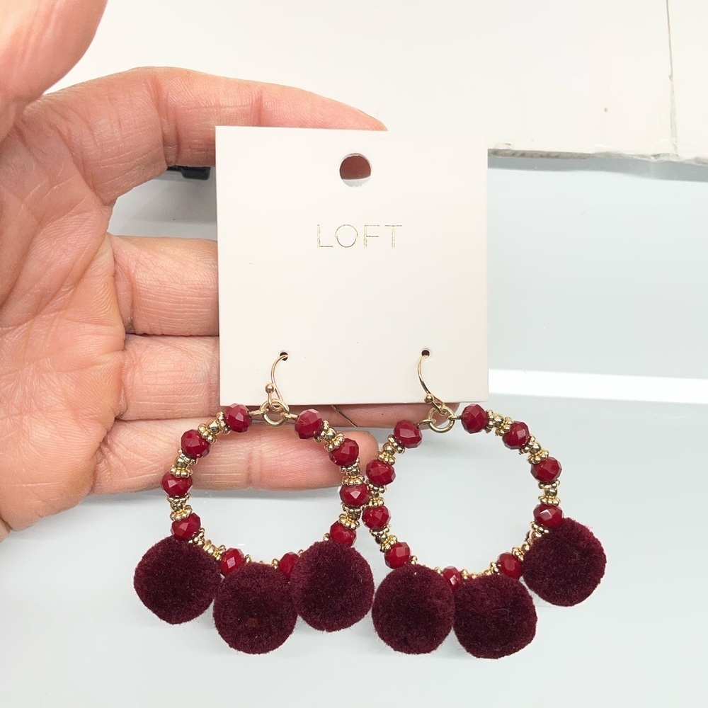 LOFT Maroon Pom Pom Hoop Earrings - Picture 1 of 4